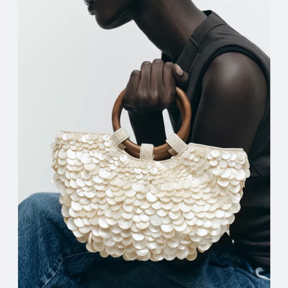 Zara Cream Sequin-Style Tote with Wood Handles